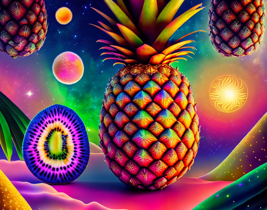 Colorful psychedelic fruit and cosmic scene with pineapples, kiwi, and tropical leaves on neon