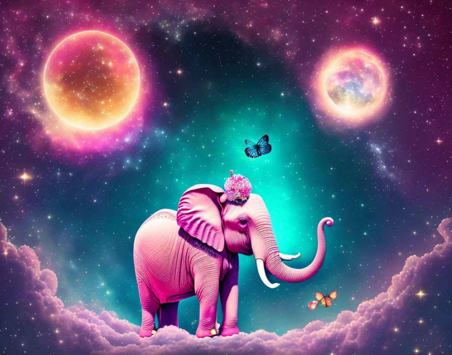 Pink elephant with flower crown and butterflies in cosmic scene.