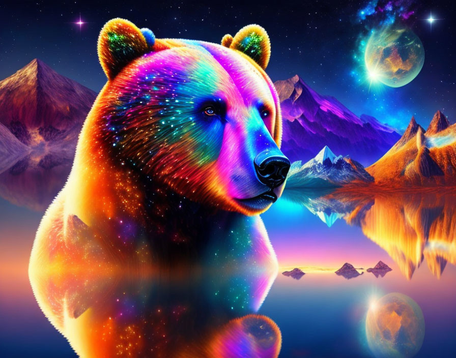 Colorful Bear in Cosmic Landscape with Mountains and Celestial Bodies