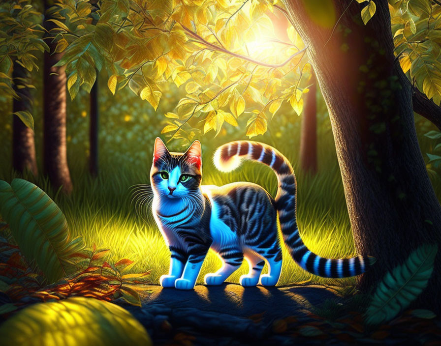 Striped cat with blue fur in sunlit forest setting