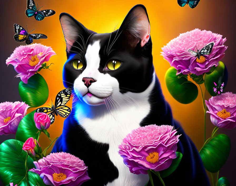 Colorful illustration of black and white cat with pink flowers and butterflies on golden background