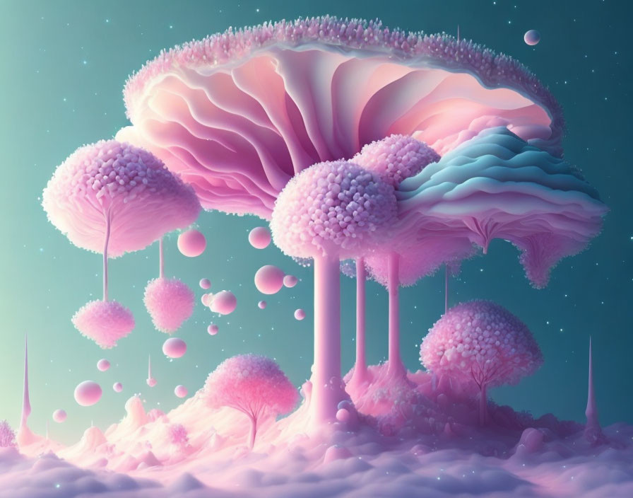 Pink-hued surreal landscape with mushroom-like trees and floating spheres in misty twilight sky