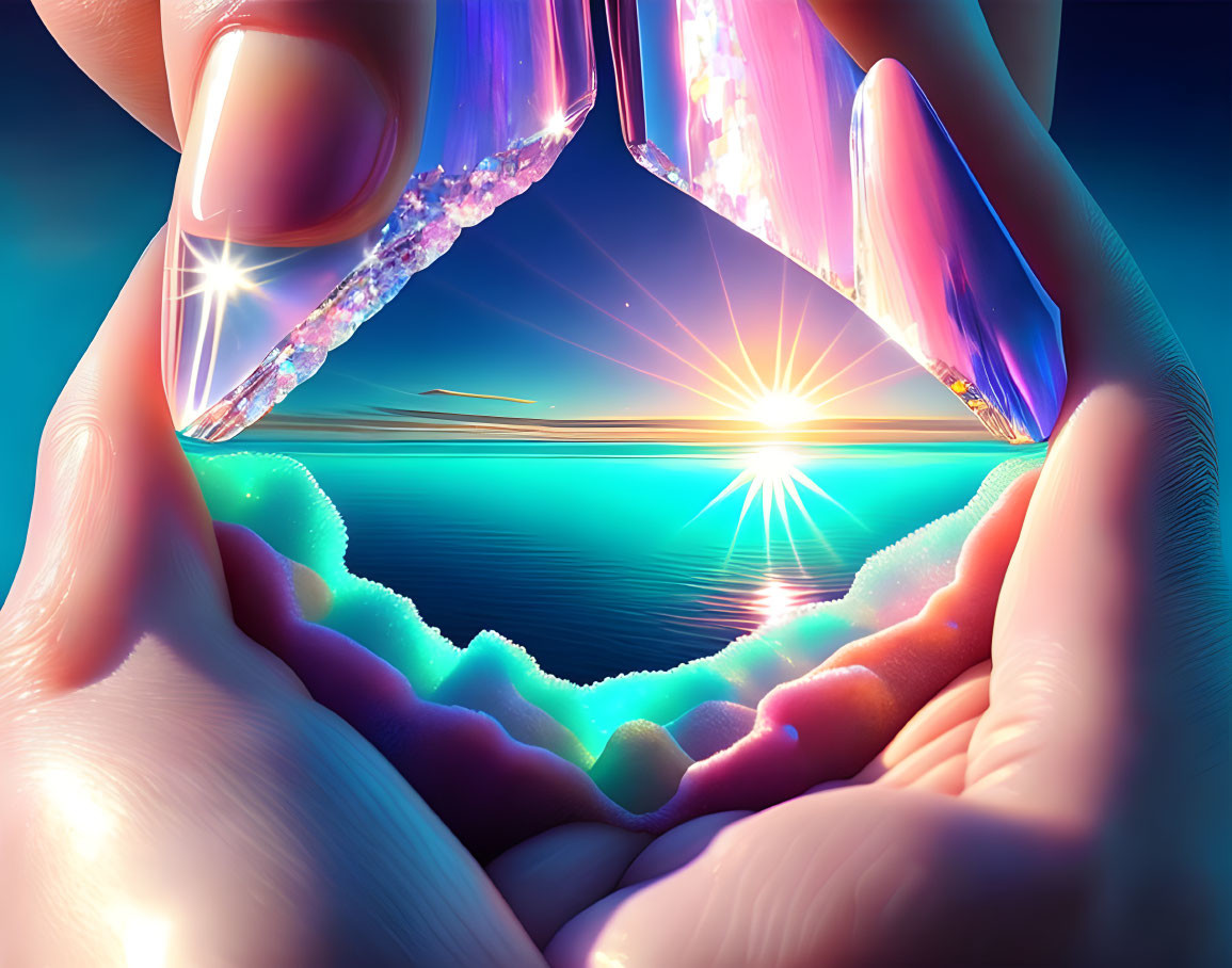 Hands holding crystalline triangular seascape fragment at sunrise