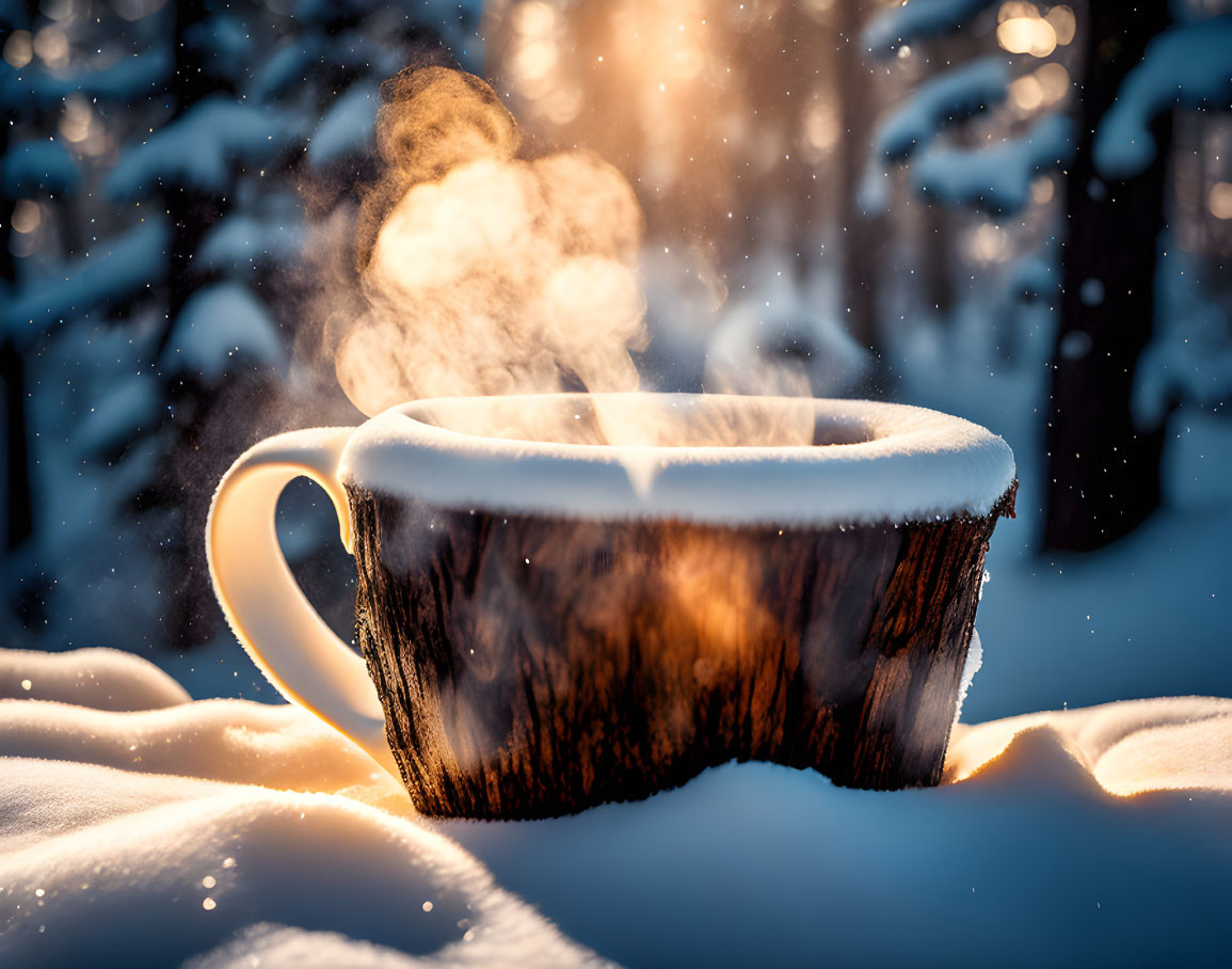 Snow-covered steaming mug on snowy surface with winter backdrop and warm light