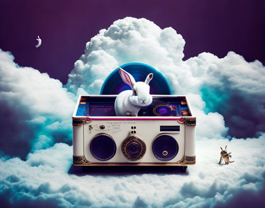 Whimsical white rabbit with DJ headphones on turntable in dreamy sky