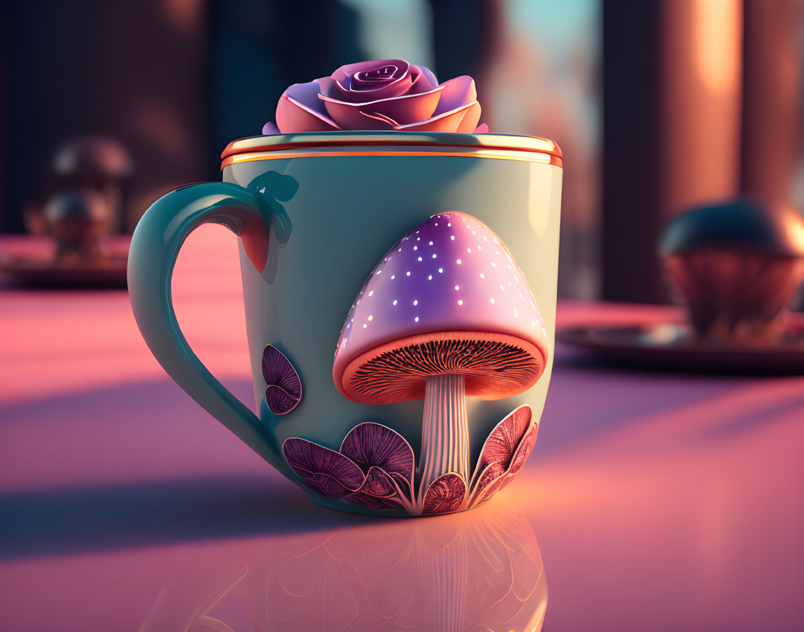 Teal cup with mushroom and leaf illustrations and glowing purple-capped mushroom on serene background