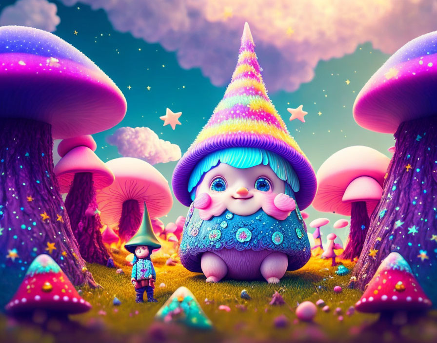 Vibrant fantasy scene with mushroom trees, small character, and whimsical creature in starlit setting