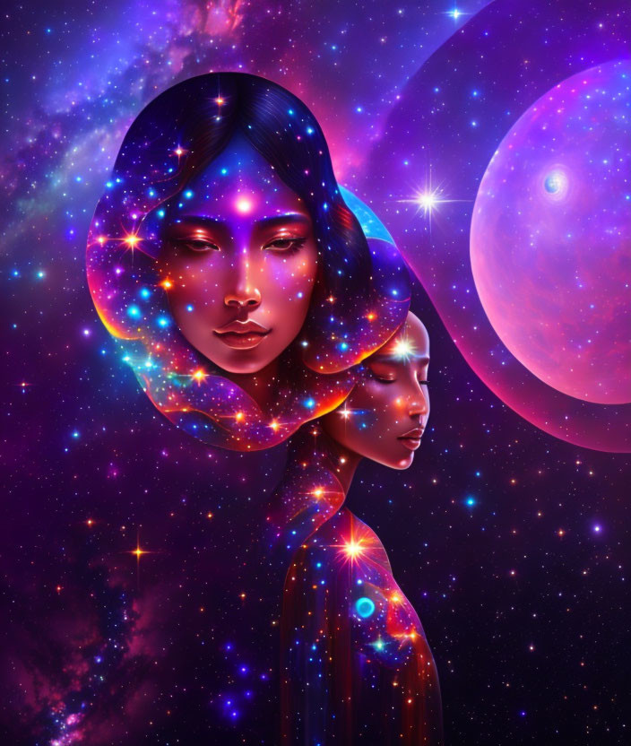 Ethereal female figures in cosmic setting with celestial motifs