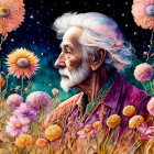 Elderly man with beard and floral profile against starry night sky