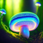 Luminescent mushroom in mystical forest with green mossy surroundings