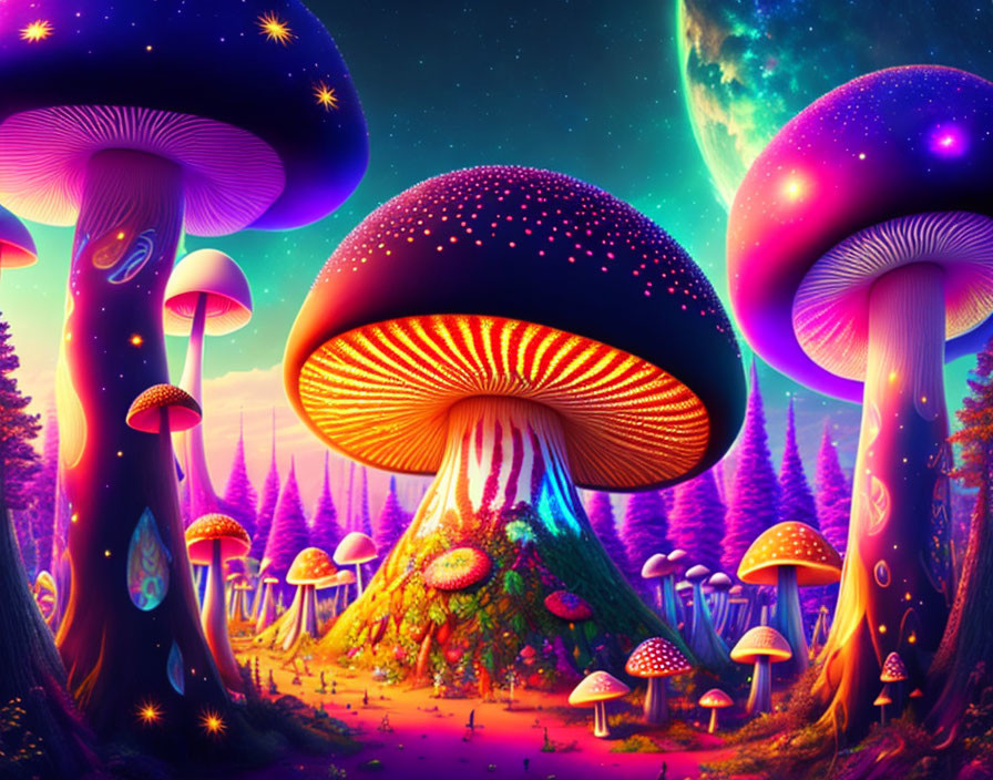 Colorful Fantasy Landscape with Oversized Mushrooms and Starry Sky