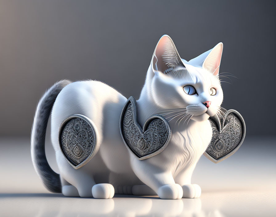 White Cat with Metallic Wings and Blue Eyes in 3D Rendering