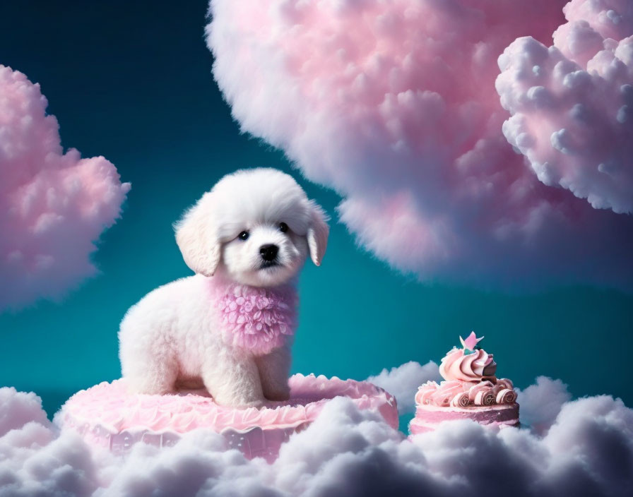 White Puppy on Pink Cushion with Cake in Pink Clouds and Blue Sky