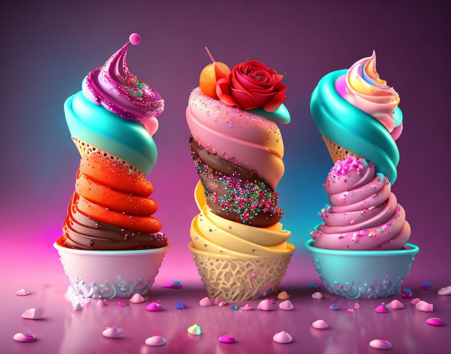 Vibrant stylized ice cream cones on purple background