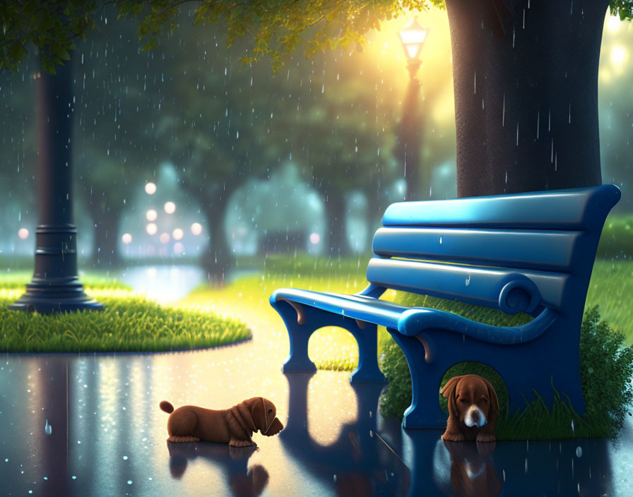 Tranquil night park scene with blue bench, puppies, lamp post, rain