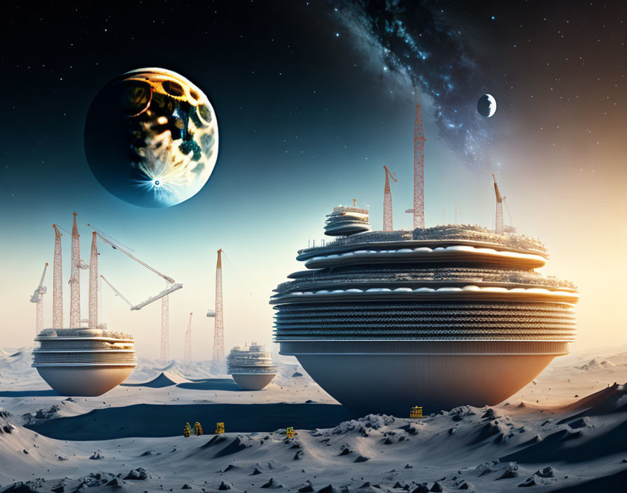 Futuristic science fiction landscape with floating cities, cranes, planet, and moon