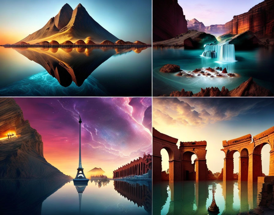 Surreal landscapes with mountains, waterfalls, cityscape, and ancient ruins