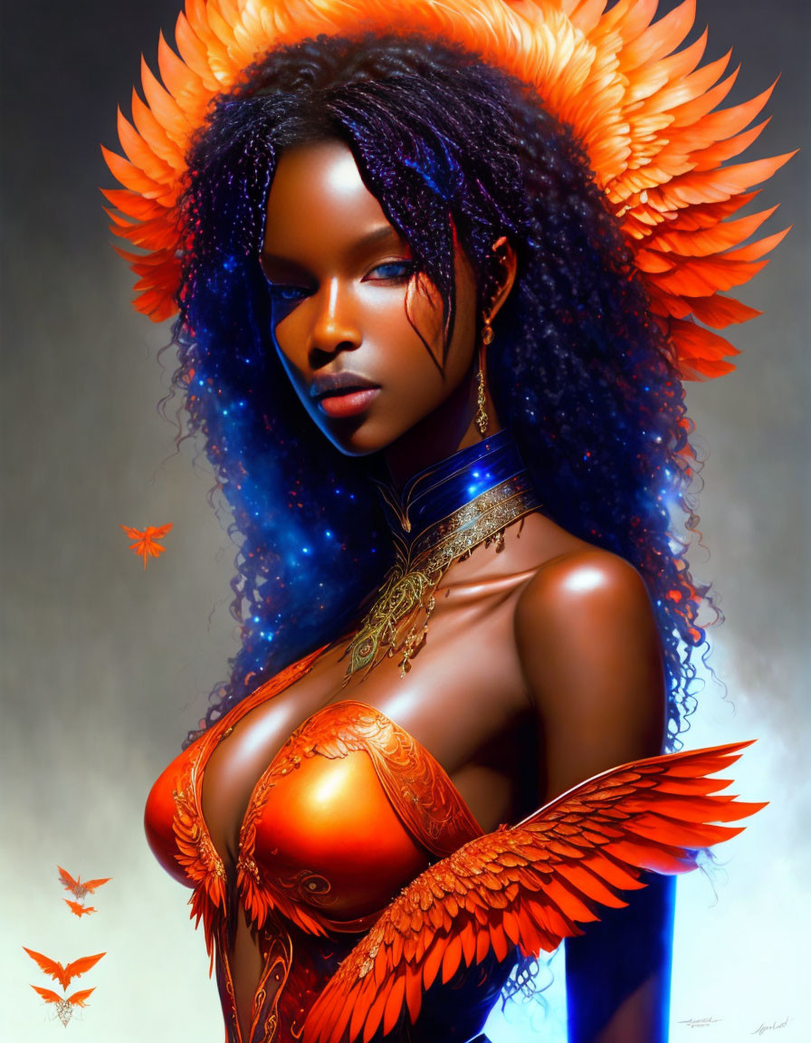 Digital artwork: Woman with orange and red feathered wings and blue accessories.