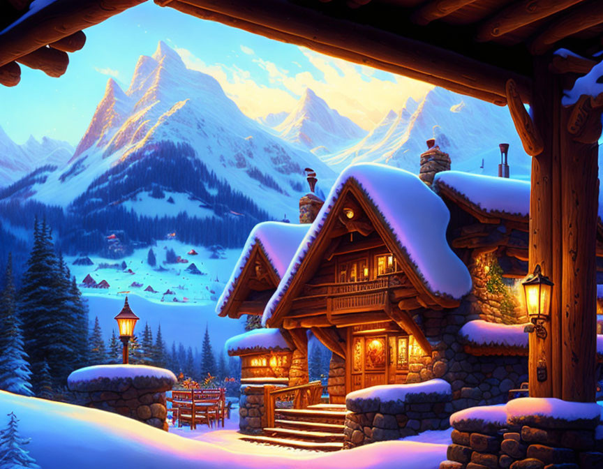 Snow-covered log cabin with glowing windows in twilight snowscape