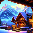 Snow-covered log cabin with glowing windows in twilight snowscape