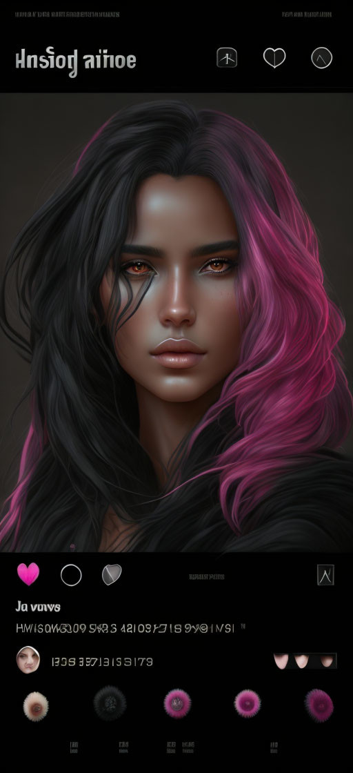 Digital Artwork: Female Character with Black to Pink Ombre Hair, Glowing Orange Eyes,