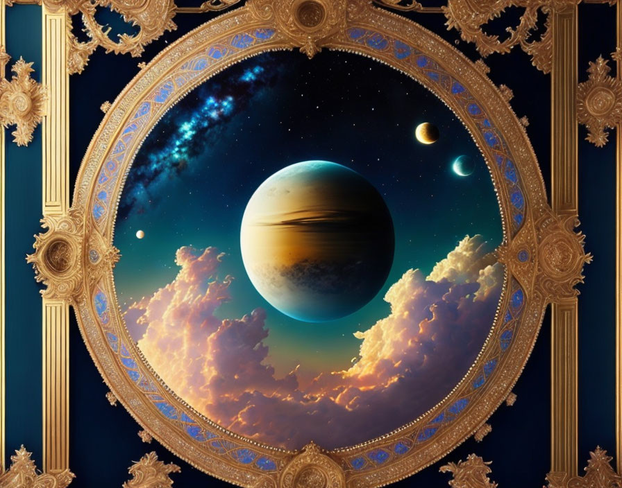 Surreal image of giant planet in ornate golden frame