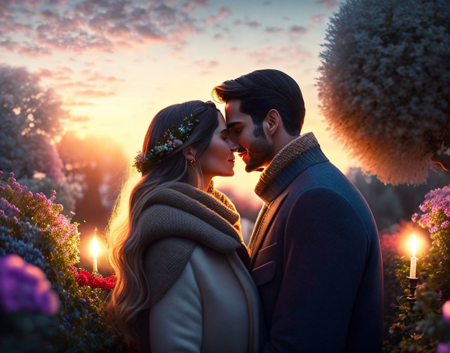 Romantic couple in candlelit flower garden at dusk