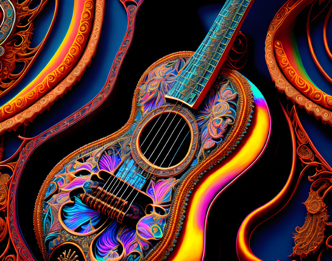 Colorful Psychedelic Guitar with Ornate Patterns on Dark Background