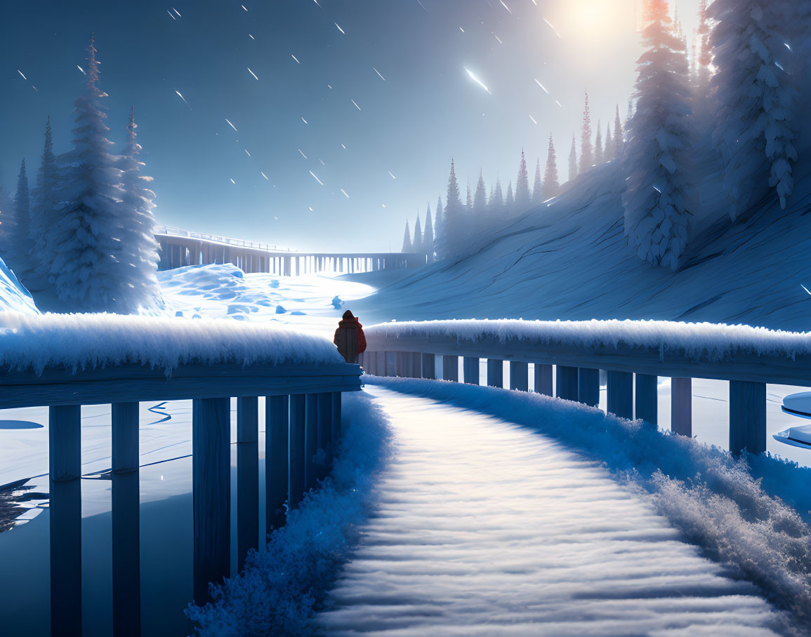 Person in Red Coat Walking on Snowy Bridge in Serene Winter Landscape