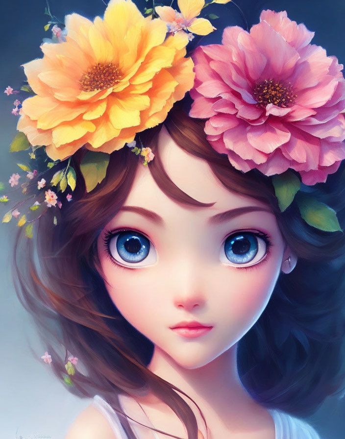 Girl with Large Blue Eyes and Floral Wreath in Brown Hair