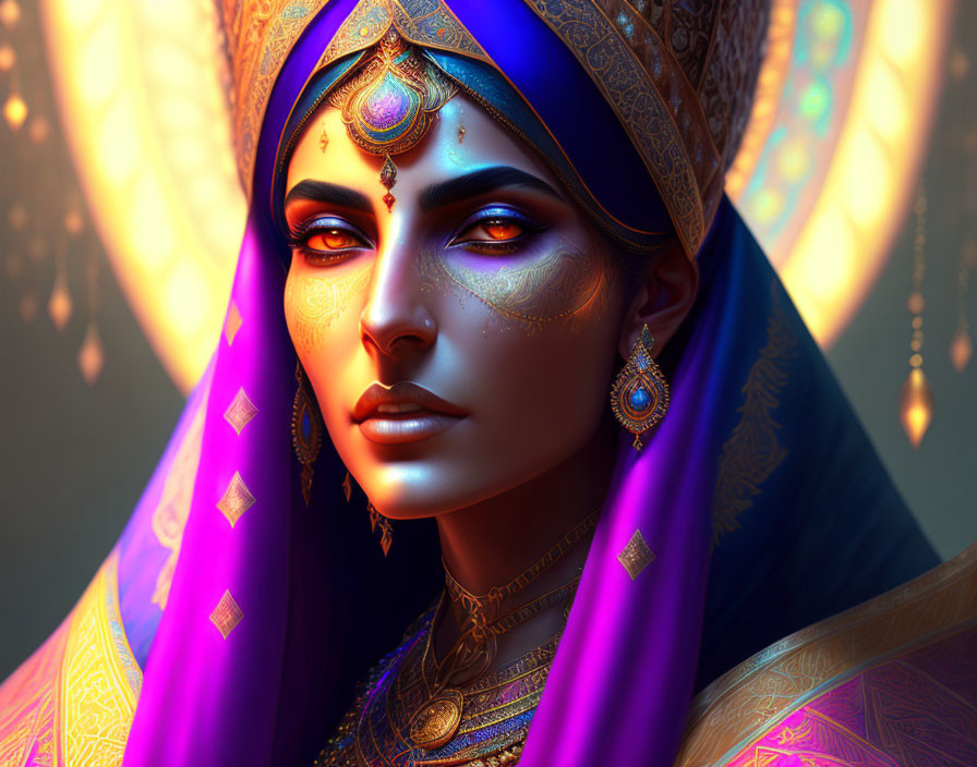 Digital Artwork: Woman in Regal Attire with Purple Headscarf