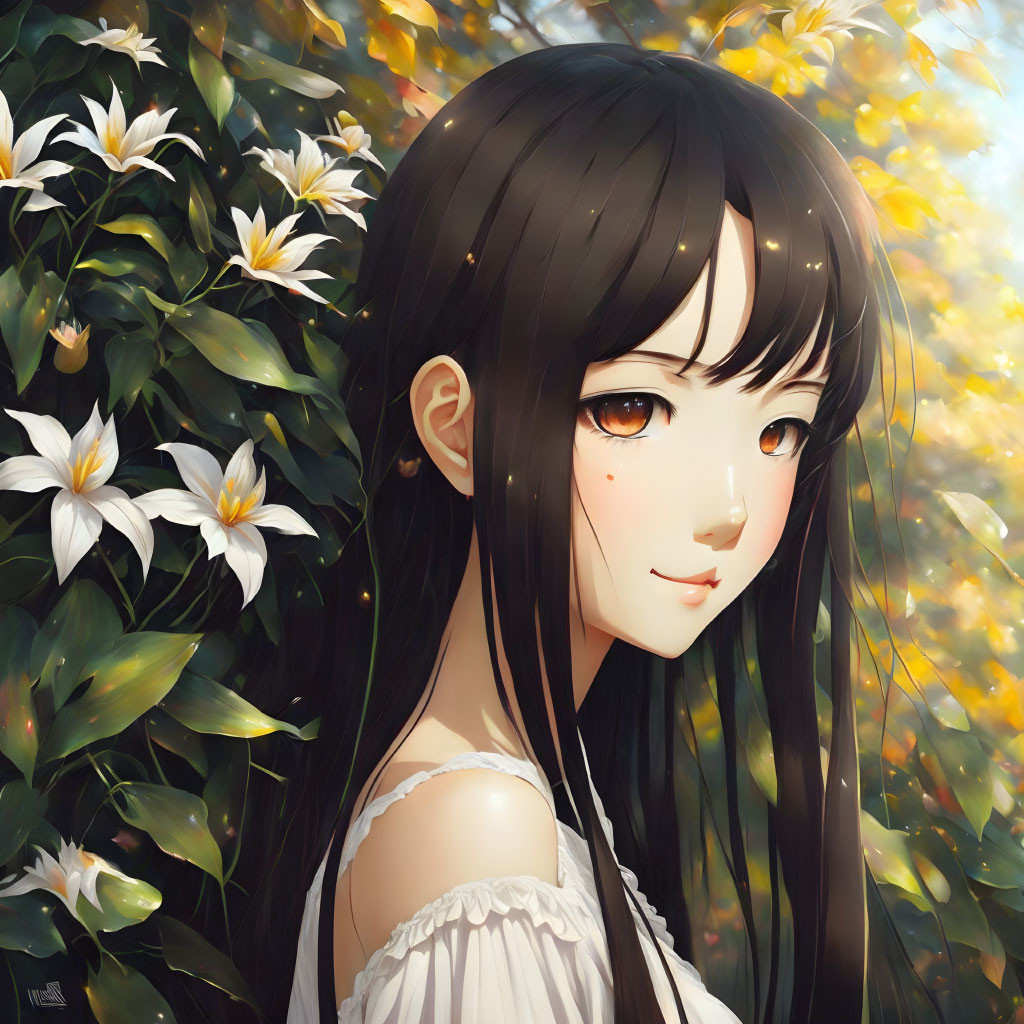 Portrait of young woman with dark hair and brown eyes in sunlit garden