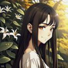 Portrait of young woman with dark hair and brown eyes in sunlit garden