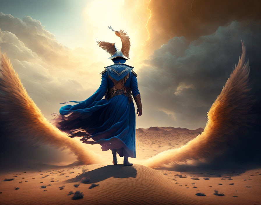 Figure in blue cloak faces flying eagle in desert scene