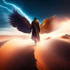 Figure with Large Wings in Desert with Dramatic Lighting