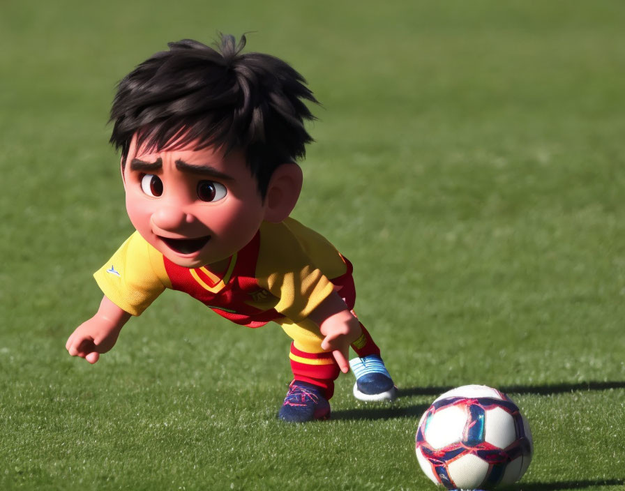 Young animated character in red and yellow football kit playing with soccer ball