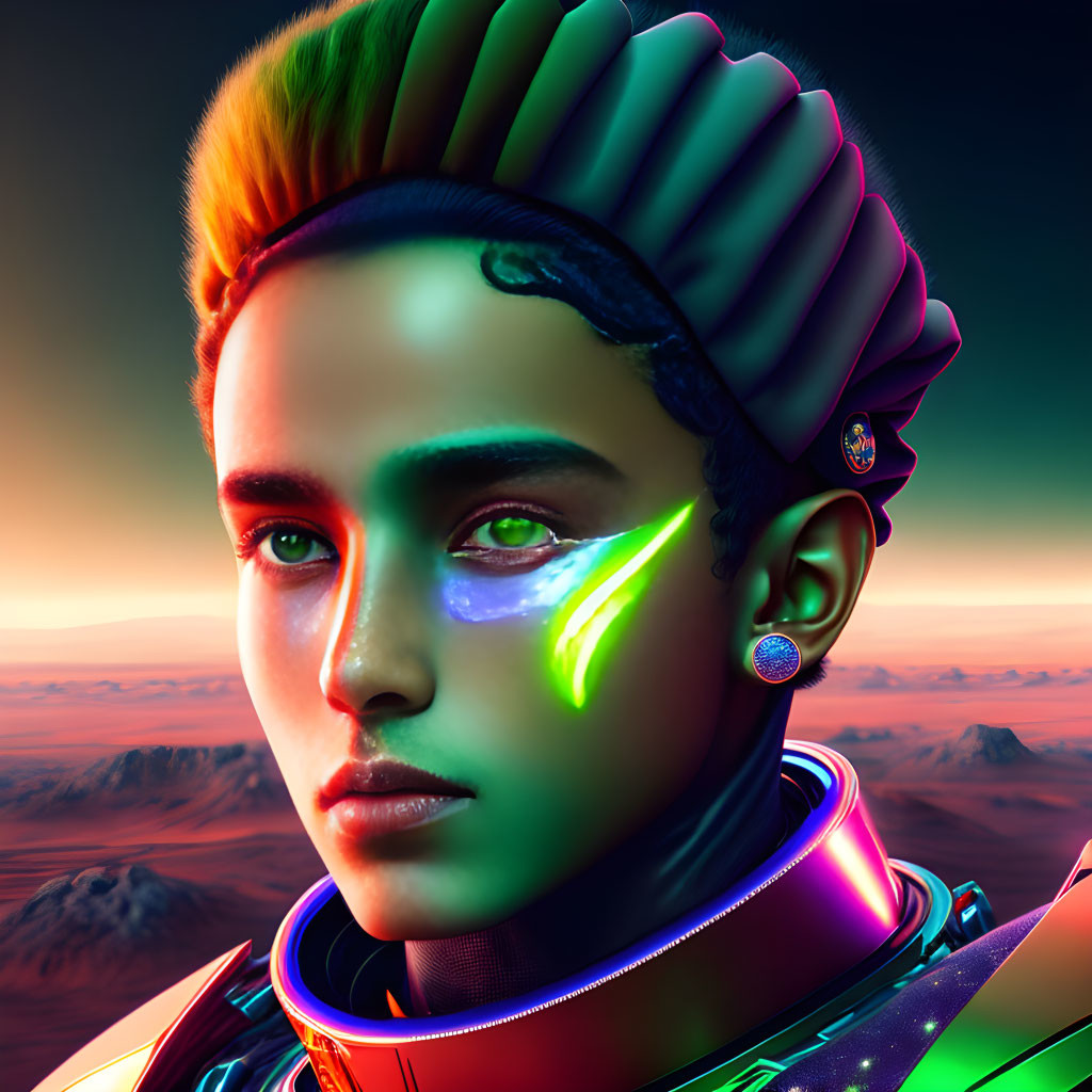 Vibrant digital portrait with neon green streak, futuristic style, desert backdrop