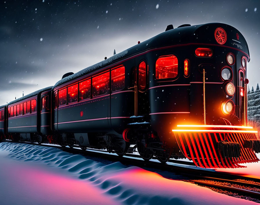 Vintage train illuminated with red lights in snowy twilight landscape