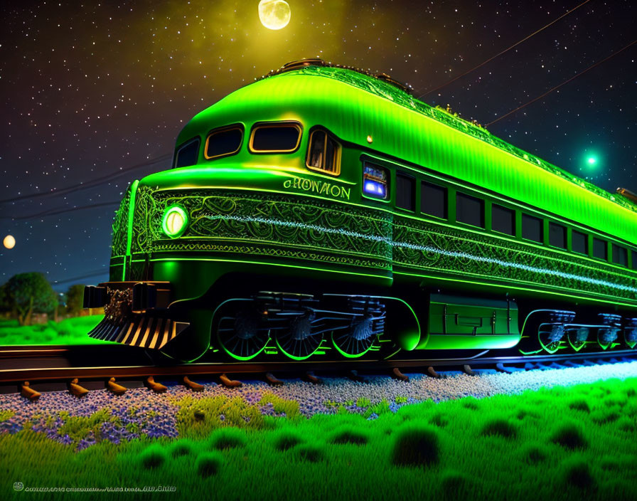 Vintage Train with Ornate Designs Under Full Moon