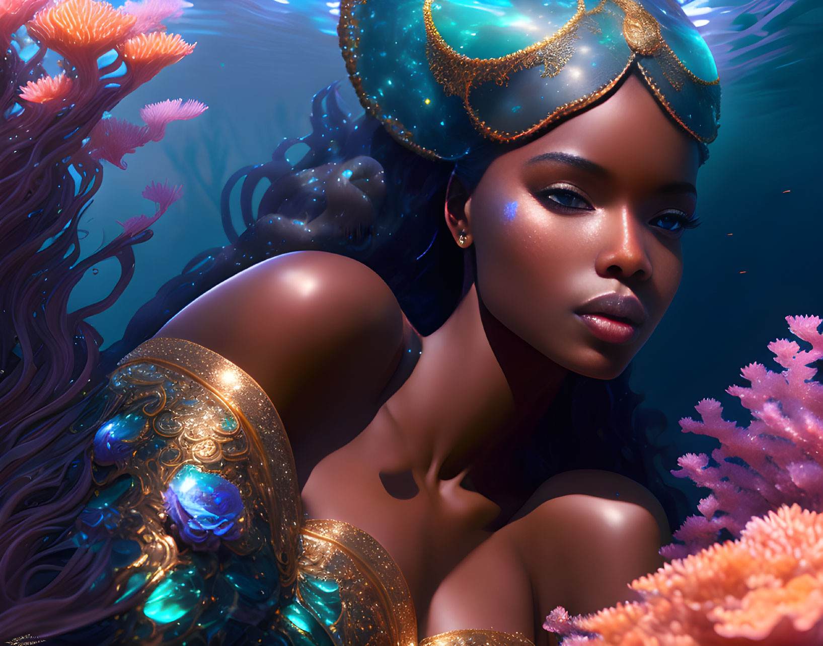 Digital artwork of dark-skinned woman in gold armor underwater