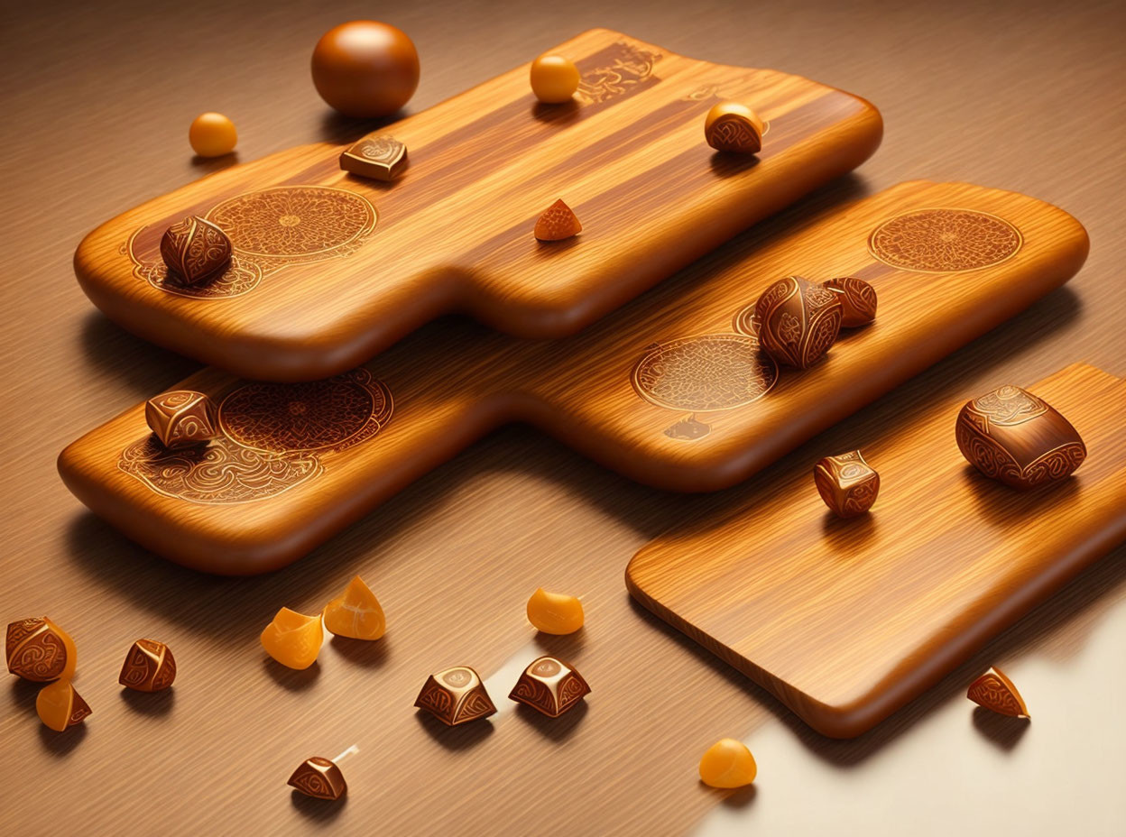 Intricate Designs on Wooden Cutting Boards with Chocolate Pieces