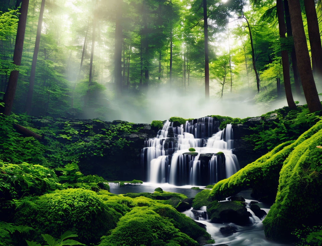 Tranquil waterfall in lush forest with sunlight filtering through trees