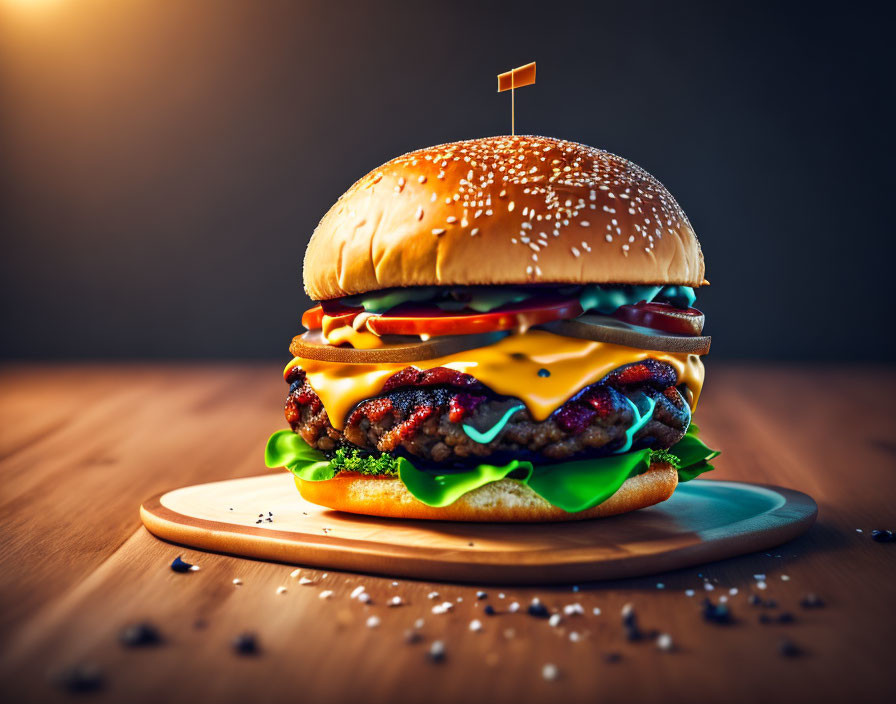 Double Cheeseburger with Lettuce, Tomatoes, Onions, and Condiments on Wooden Plate