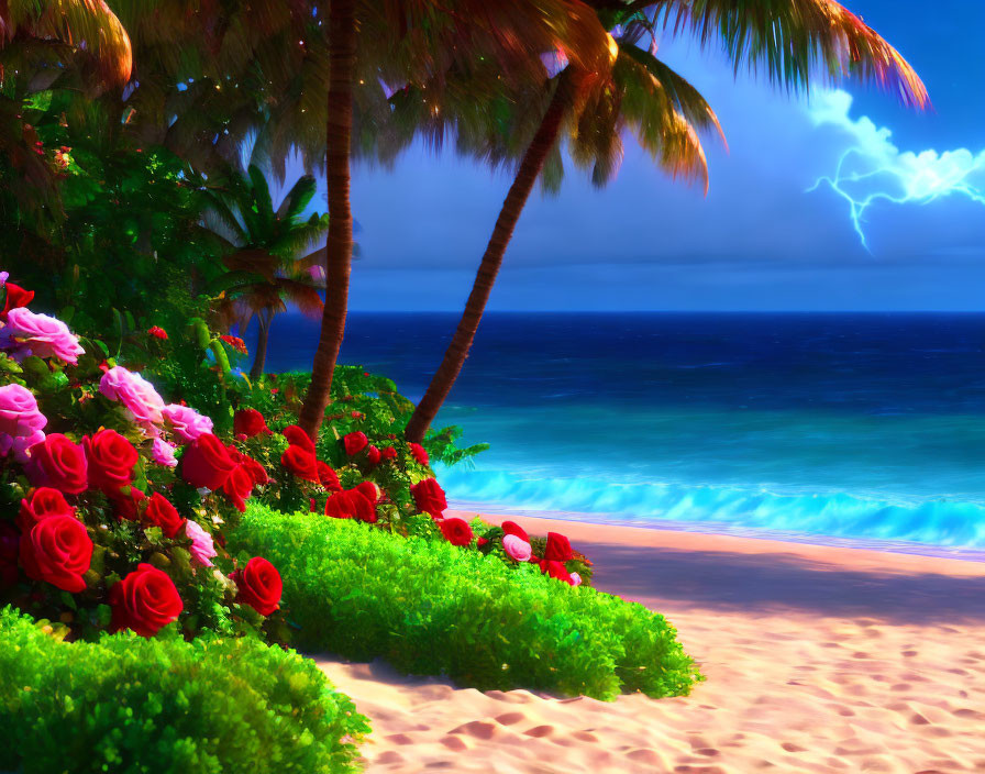 Tropical beach scene with roses, palm trees, and lightning bolt