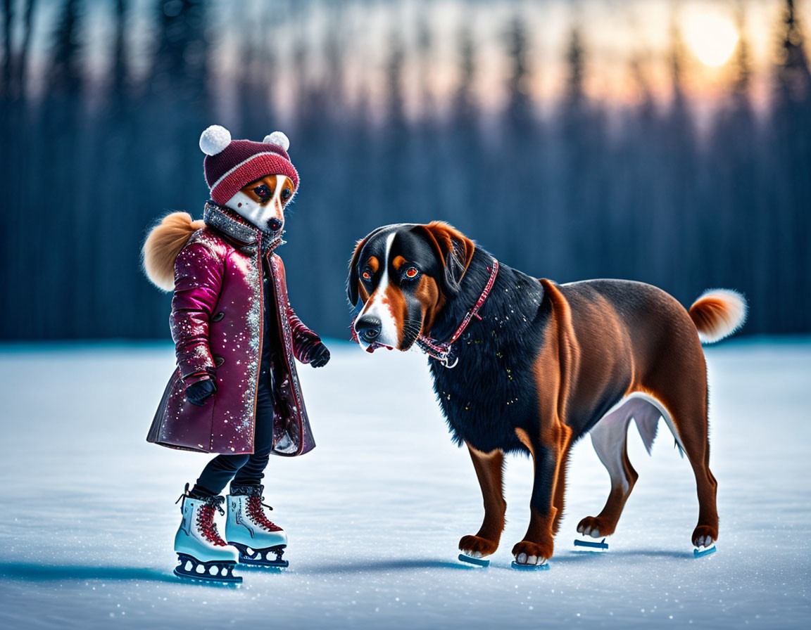 Fox and Bernese Mountain Dog Ice Skating in Winter Forest