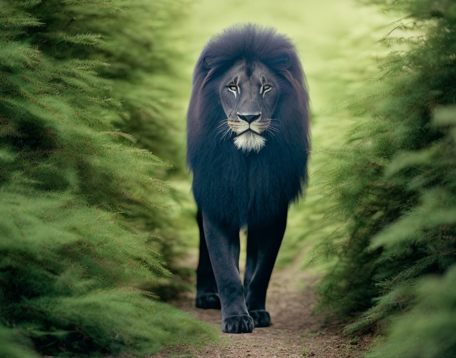 Black-maned lion walking confidently in lush green foliage