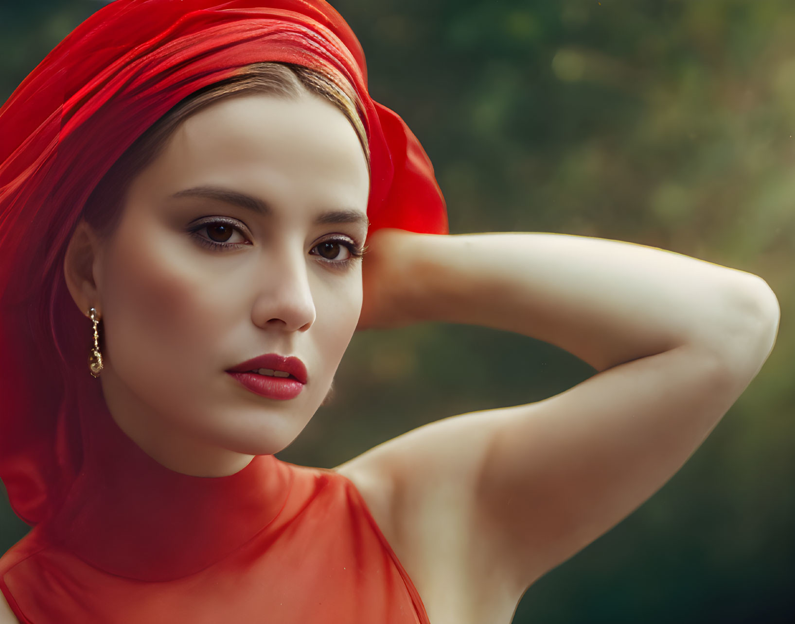 Woman in Red Headscarf Contemplating Landscape