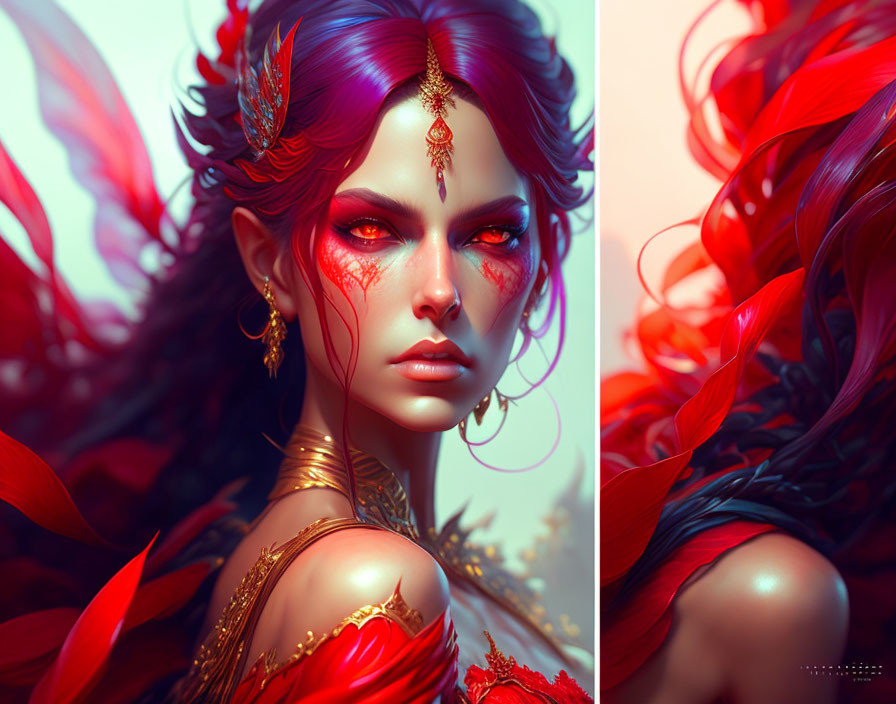 Fantastical woman illustration with red feathers and gold jewelry