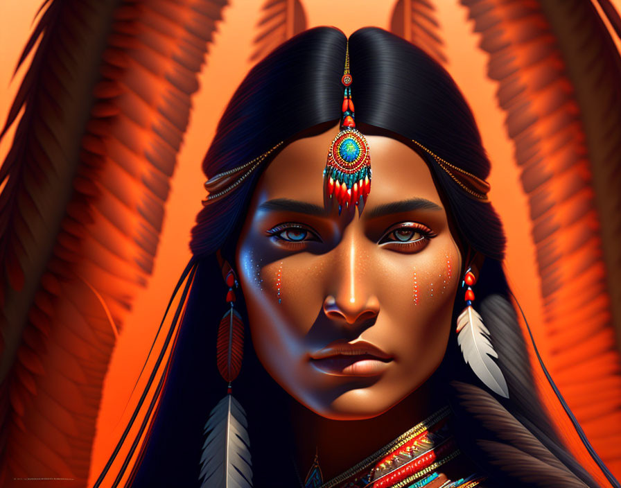 Vibrant indigenous attire portrait with red feather headdress