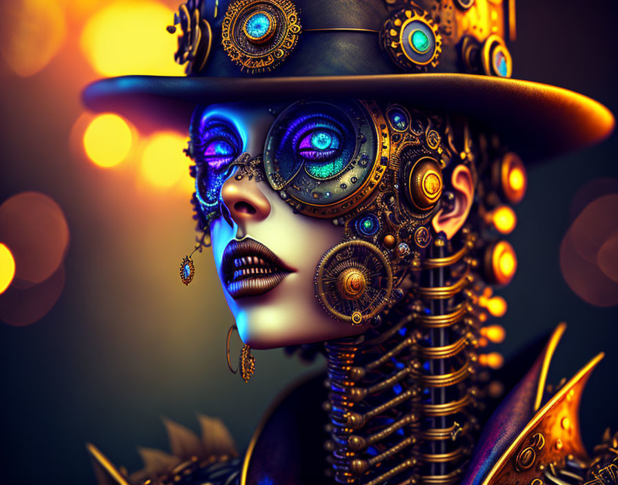 Steampunk-inspired female figure with top hat and goggles in warm backdrop